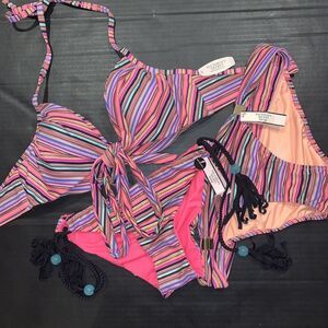 Victoria's Secret wrap 32D BIKINI S bottom lot Multi-color striped hot pink foil